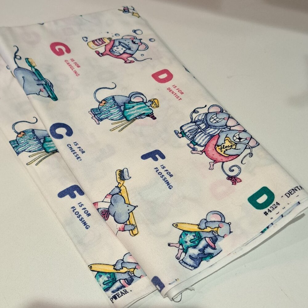 white fabric with grey and pink dentist mice printed on it #4324 dental hygiene